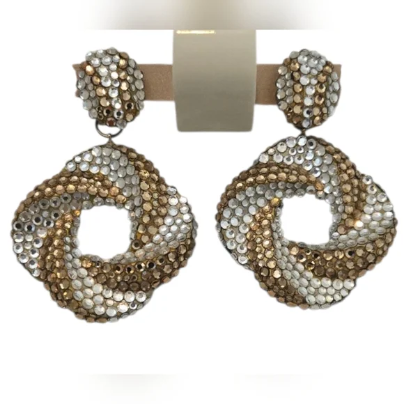 Vintage Richard Kerr 1980 Champagne Crystal Swirl Hoop Drop Earrings Signed - Picture 3 of 8